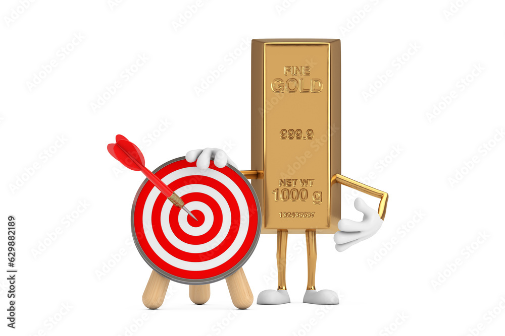 Leinwandbilder Golden Bar Cartoon Person Character Mascot with Archery Target and Dart in Center. 3d Rendering