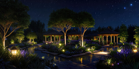 Beautiful Shining Lamps In The Park Environment  In The Night