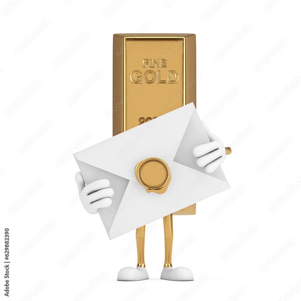 Poster golden bar cartoon person character mascot with white blank envelope. 3d rendering
