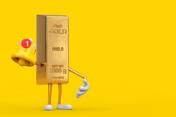 Golden Bar Cartoon Person Character Mascot witn Cartoon Social Media Notification Bell and New Message Icon. 3d Rendering
