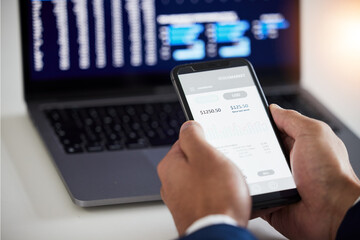 Hands, phone or businessman trading on stock market, fintech app or cryptocurrency savings on laptop. Closeup of financial trader, technology and screen for data analysis, growth and stocks dashboard
