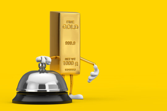 Golden Bar Cartoon Person Character Mascot with Hotel Service Bell Call. 3d Rendering