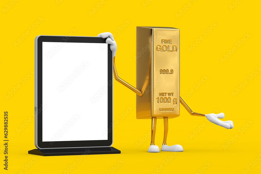 Leinwandbilder golden bar cartoon person character mascot with blank trade show lcd screen display stand as templat