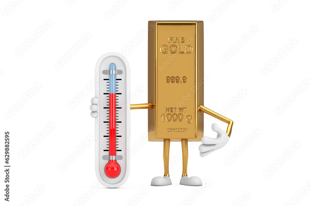Poster golden bar cartoon person character mascot with outdoor thermometer. 3d rendering