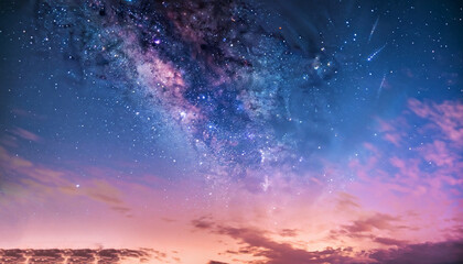 Obraz na płótnie Canvas starry night blue sky on pink sunset milky way dramatic clouds galaxy cosmic space weather background