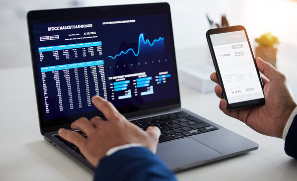 Hands, phone and trader at laptop for stock market dashboard, fintech app or cryptocurrency savings. Closeup of business man, mobile finance or computer for trading data, banking investment or stocks