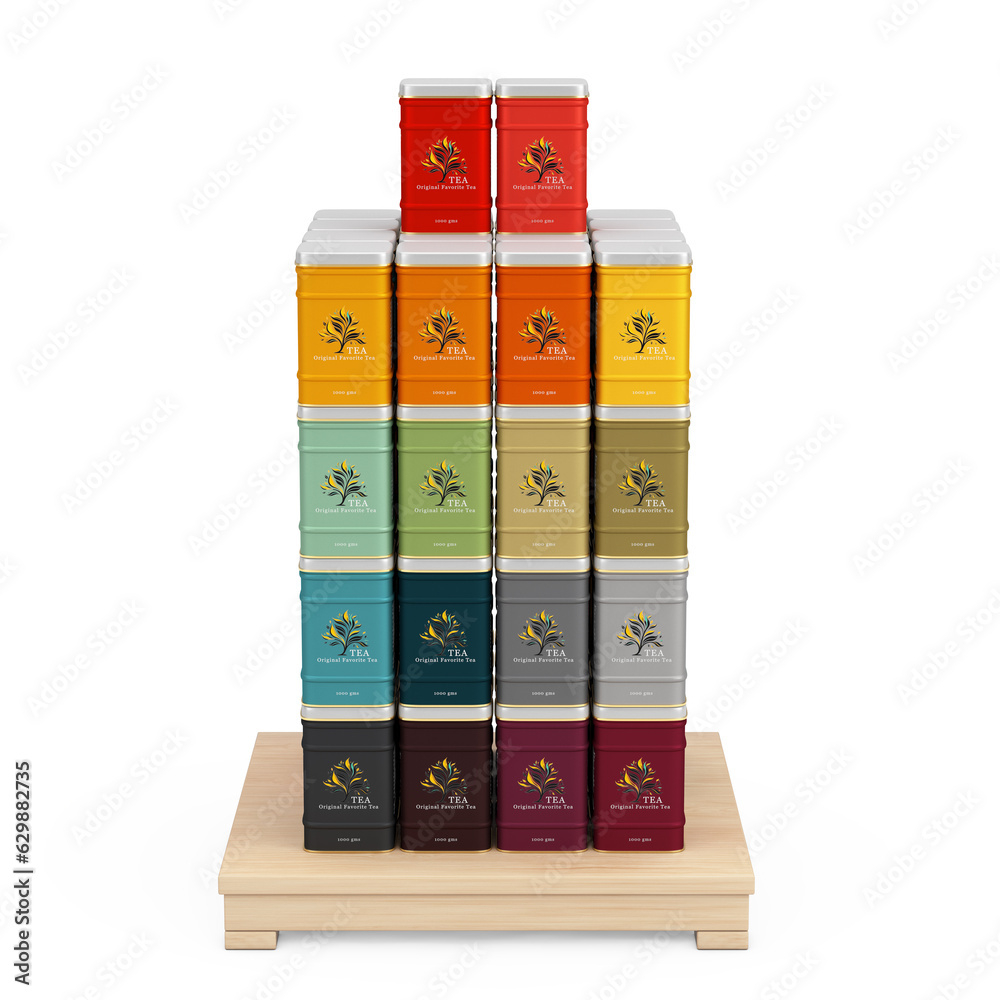 Poster Metal Tea Boxes with Store Product Display Showcase Rack Shelves. 3d Rendering