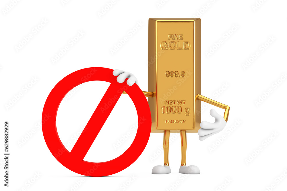 Poster Golden Bar Cartoon Person Character Mascot with Red Prohibition or Forbidden Sign. 3d Rendering