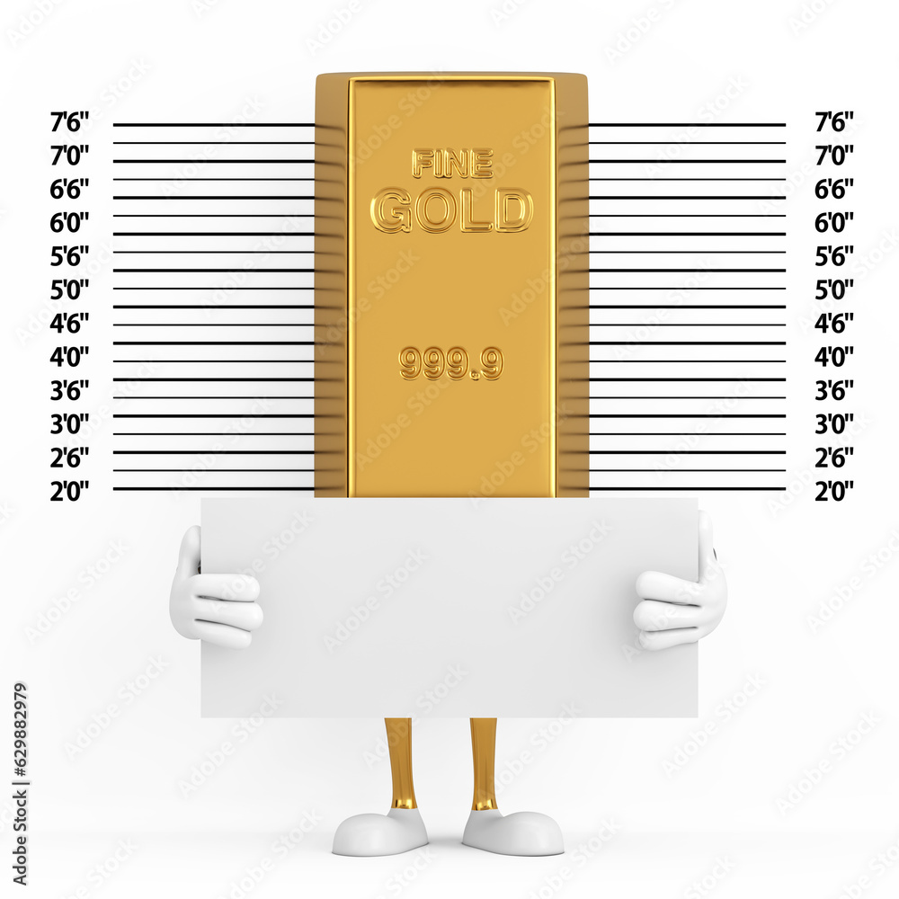 Poster golden bar cartoon person character mascot with identification plate in front of police lineup or mu