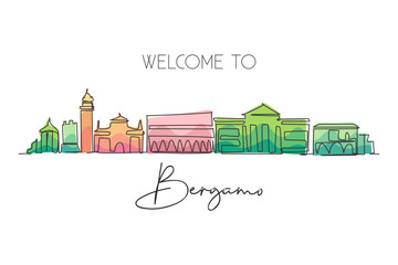 Single continuous line drawing Bergamo city skyline, Italy. Historical town landscape in world. Best holiday destination wall decor. Editable stroke trendy one line draw design vector illustration - obrazy, fototapety, plakaty