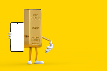 Golden Bar Cartoon Person Character Mascot and Modern Mobile Phone with Blank Screen for Your Design. 3d Rendering