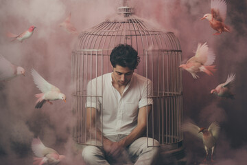 Surreal illustraton of a man in the birdcage. Depression, anxiety, decision, freedom, mental health concept. AI generative, illustration