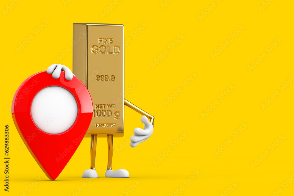 Poster golden bar cartoon person character mascot with red target map pointer pin. 3d rendering