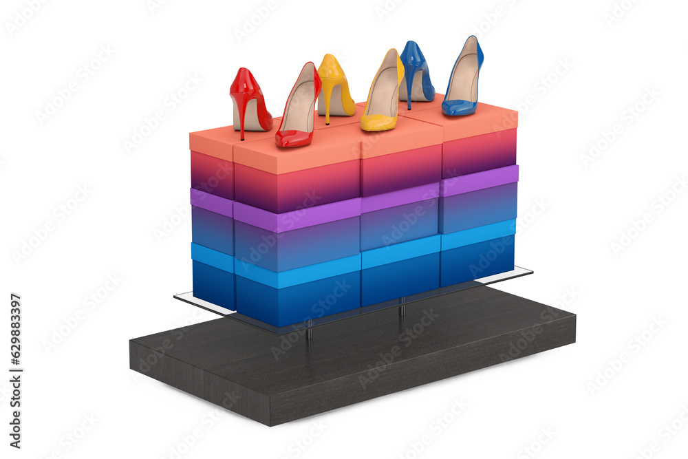 Aufkleber store product display showcase rack shelves with woman shoe boxes and high heels wooman shooes. 3d r