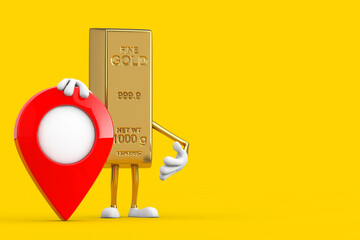 Golden Bar Cartoon Person Character Mascot with Red Target Map Pointer Pin. 3d Rendering