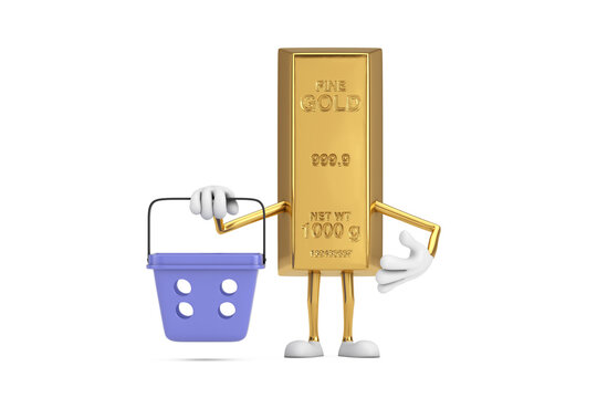 Golden Bar Cartoon Person Character Mascot with Cartoon Shopping Basket. 3d Rendering