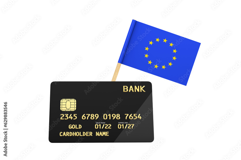 Poster european union flag and black plastic golden credit card with chip. 3d rendering