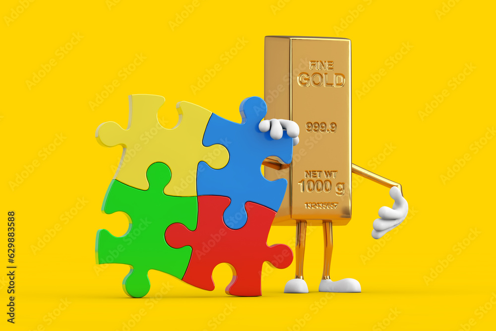 Poster golden bar cartoon person character mascot with four pieces of colorful jigsaw puzzle. 3d rendering