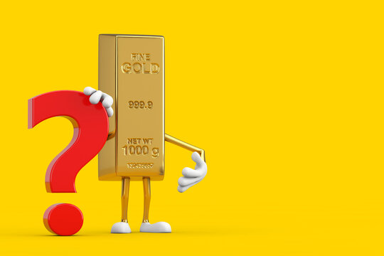 Golden Bar Cartoon Person Character Mascot with Red Question Mark Sign. 3d Rendering