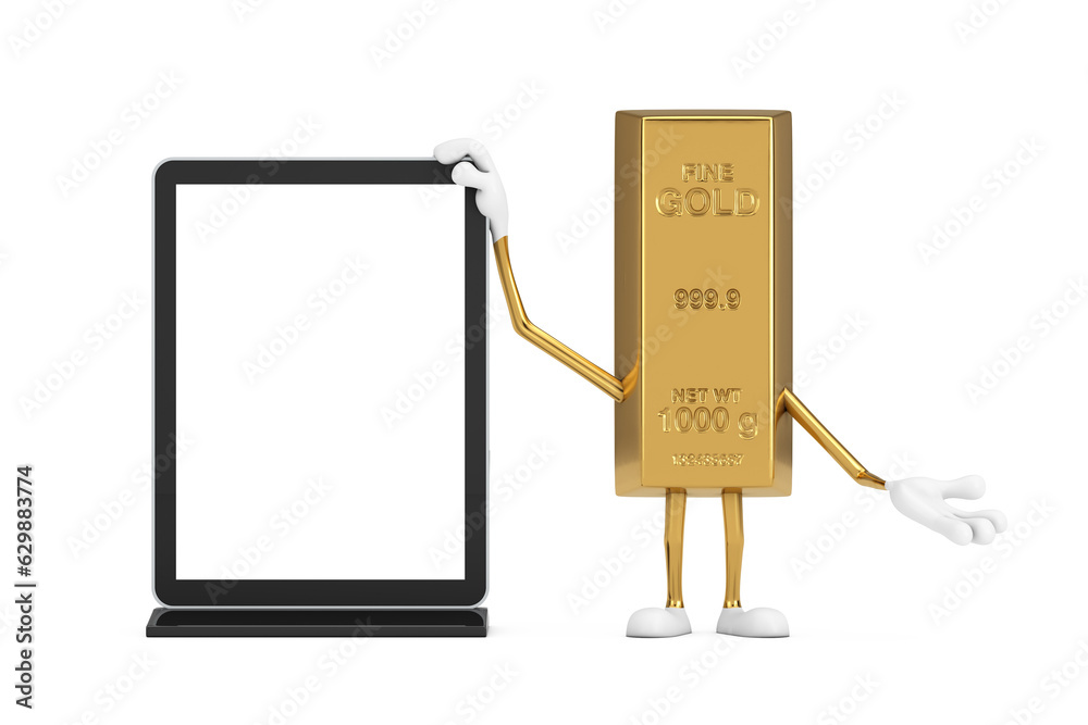 Leinwandbilder golden bar cartoon person character mascot with blank trade show lcd screen display stand as templat
