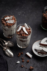 verre parfait yaourt noix de coco et céréales granola chocolat