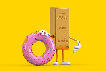 Golden Bar Cartoon Person Character Mascot with Big Strawberry Pink Glazed Donut. 3d Rendering