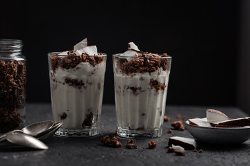 verre parfait yaourt noix de coco et céréales granola chocolat