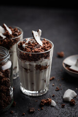 verre parfait yaourt noix de coco et céréales granola chocolat