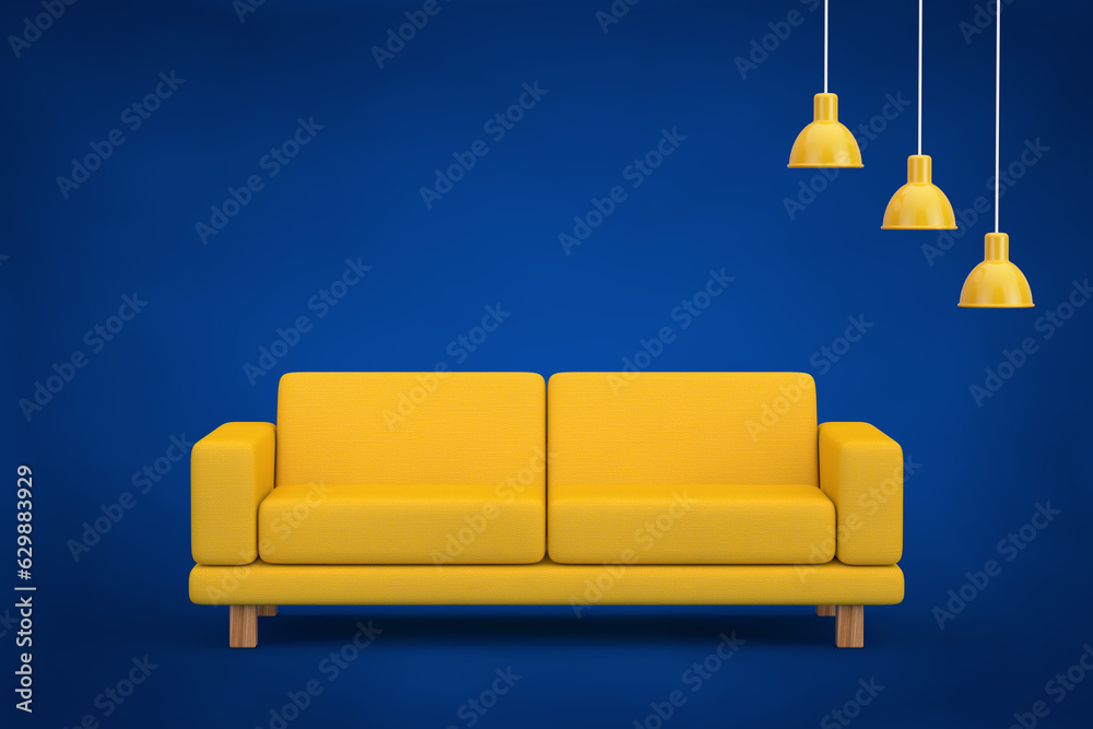 Poster yellow simple modern sofa furniture with yellow ceiling lamp. 3d rendering