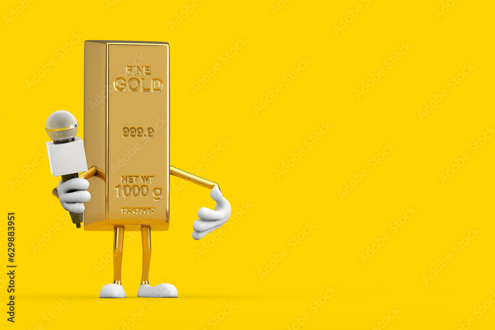 Poster Golden Bar Cartoon Person Character Mascot with Modern Chrome Microphone. 3d Rendering