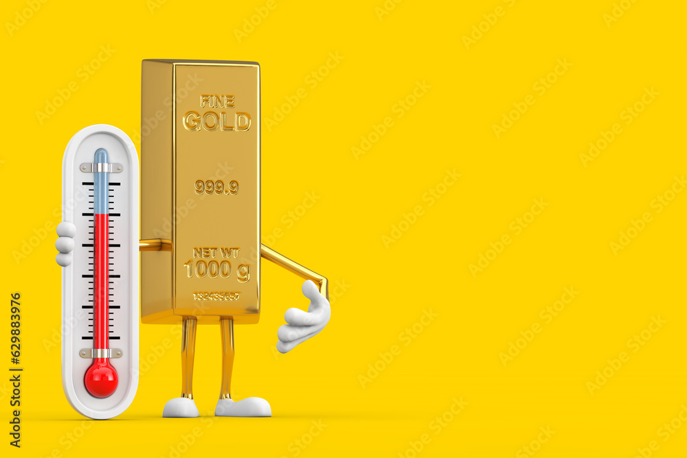 Poster golden bar cartoon person character mascot with outdoor thermometer. 3d rendering