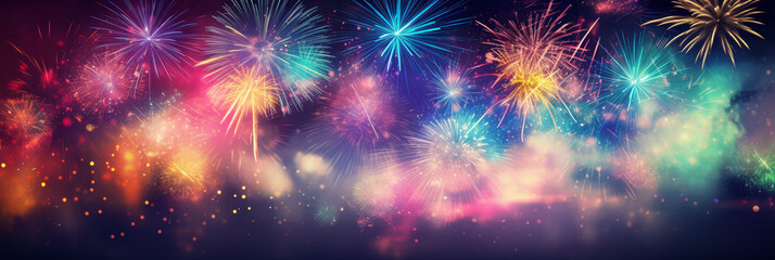 beautiful fireworks display banner at night with bokeh lights, festive background