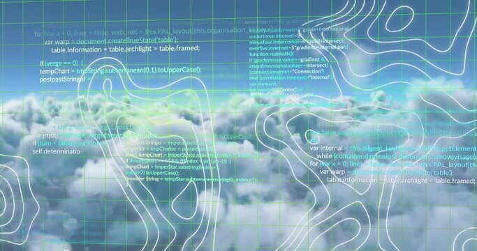 Animation of data processing and topography over grid network against clouds in the sky