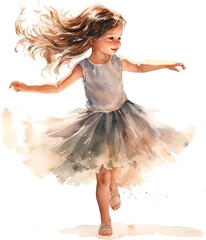 Cute dancing girl illustration. Little Girl watercolor style clipart isolated on white background