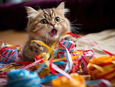 captures a mischievous cat engaging with the discarded wrapping paper and ribbons from opened Christmas gifts.