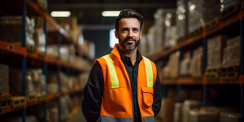 Happy Warehouse CEO Worker standing Storehouse. Blurred Background. Distribution Logistic Shipment Business Employment Concept   
