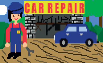 Pixel Art: An illustration of a car repair service.