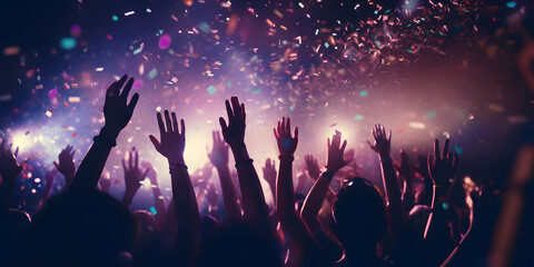 Party People dancing in the Night Club. Raising Hands in the air. Silhouette. Purple Confetti...