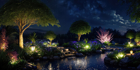 Beautiful Shining Lamps In The Park Environment  In The Night