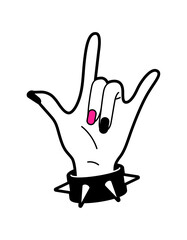 Flat vector illustration of female hand in rock gesture. Black and pink gamma.
