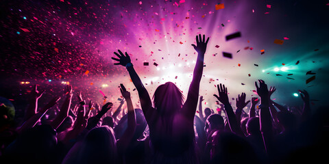 Fototapeta na wymiar Party People dancing in the Night Club. Raising Hands in the air. Silhouette. Purple Confetti Explosion Lights. Banner Background. 