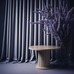 Obraz premium Elegant Modern Luxury Podium Table Top With Soft Light And Curtains Behind, Lavender Flowers, Background Design For Cosmetic and Fragrances Product Display, Generative AI