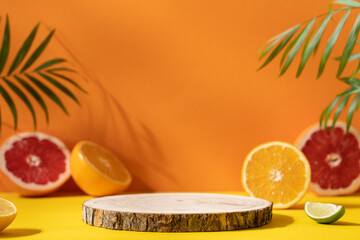 Empty wooden round podium on colorful yellow and orange background surrounded by citrus fruits....