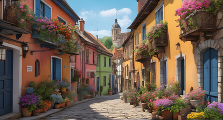 old europe flower street in the town