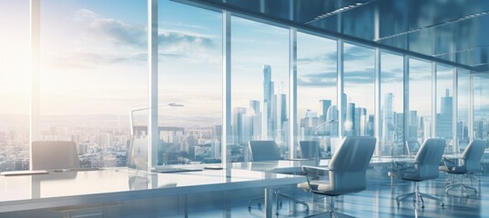 Modern company office interior with city skyscraper building  background. Generative AI technology.	
