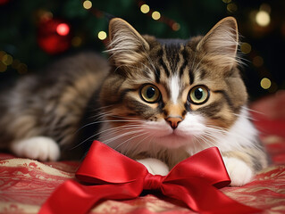 a cat posing elegantly with a Christmas bow adorning its neck. The feline's expressive eyes and the festive accessory create a picture-perfect moment