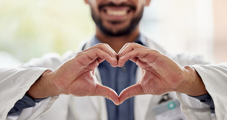 Medical, wellness and doctor heart hands for love, support and healthcare in a hospital or clinic...