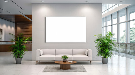 Mockup of a empty horizontal picture frame in a modern waiting room 
