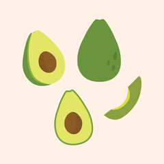 Set of fresh whole, half, cut slice avocado isolated on background.Vector illustration cartoon flat style.