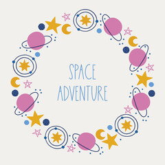 Space greeting card with stars, planets, moon on white background